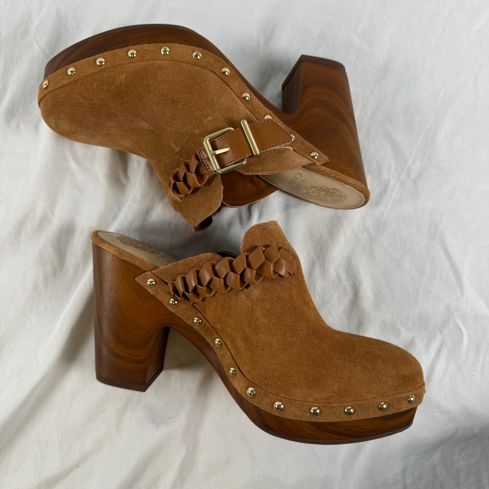 Vince Camuto Crashell Tan Suede Platform Clogs Braided Buckle Mules Studded 9.5 - Picture 9 of 9